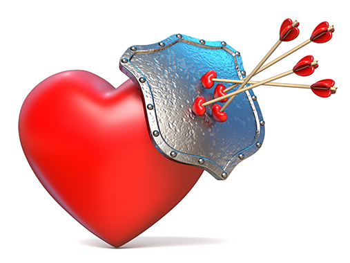 Illustration of a heart, protected by a shield from arrows of love, for the Couples Tool Kit post on communication and shields. Credit: iStock/djmilic.